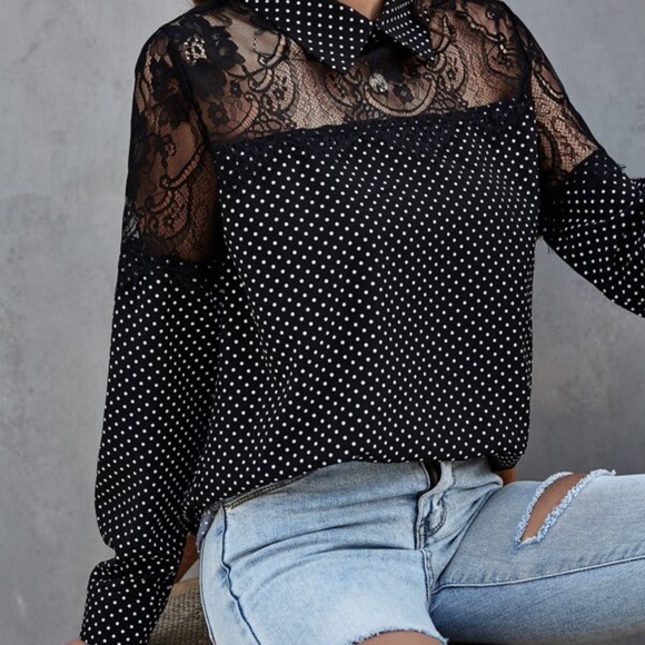 Coral Orange Polka Dot Floral lace Sheer Blouse - Picture 7 of 9